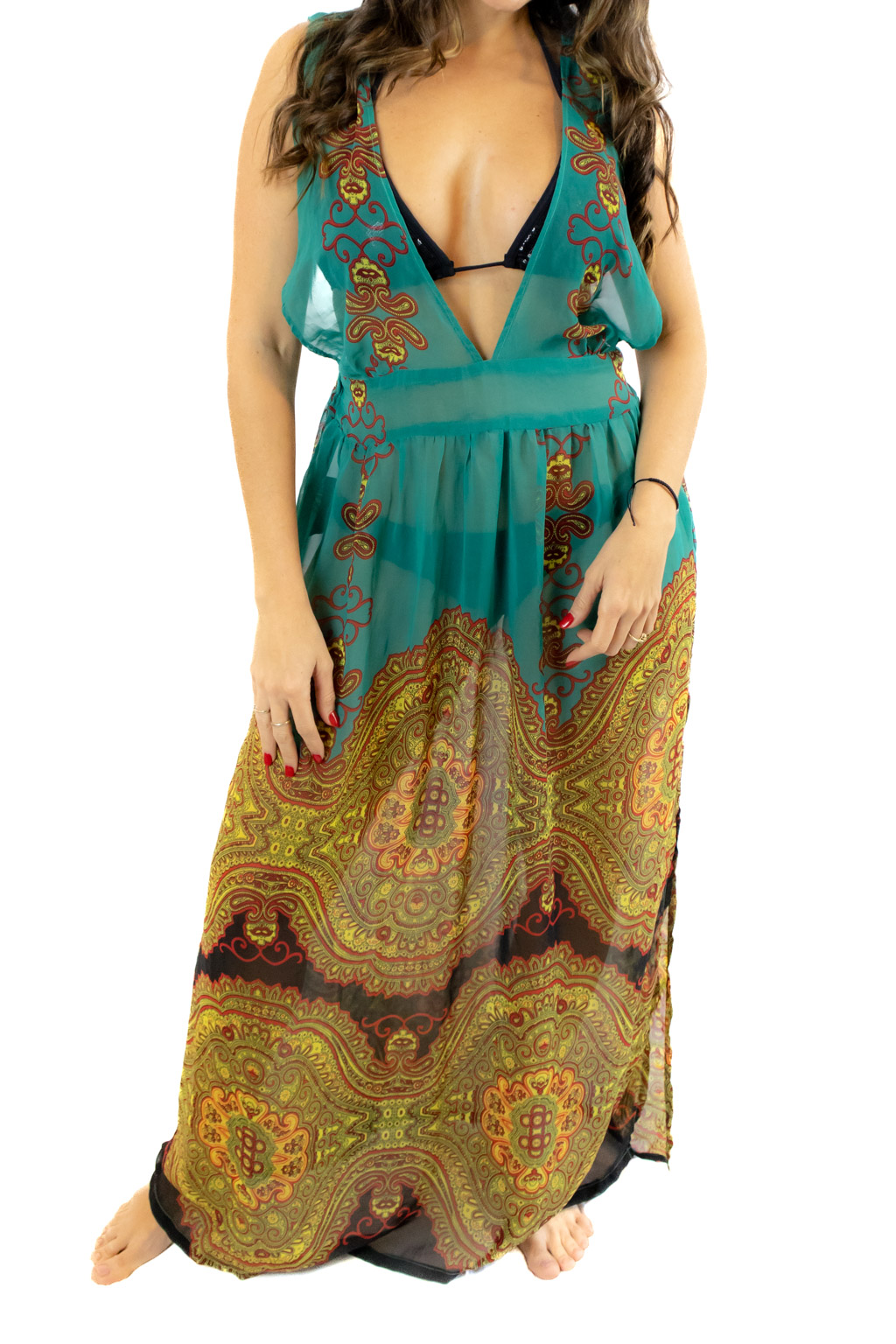 Green and Gold Cover Up Long Dress